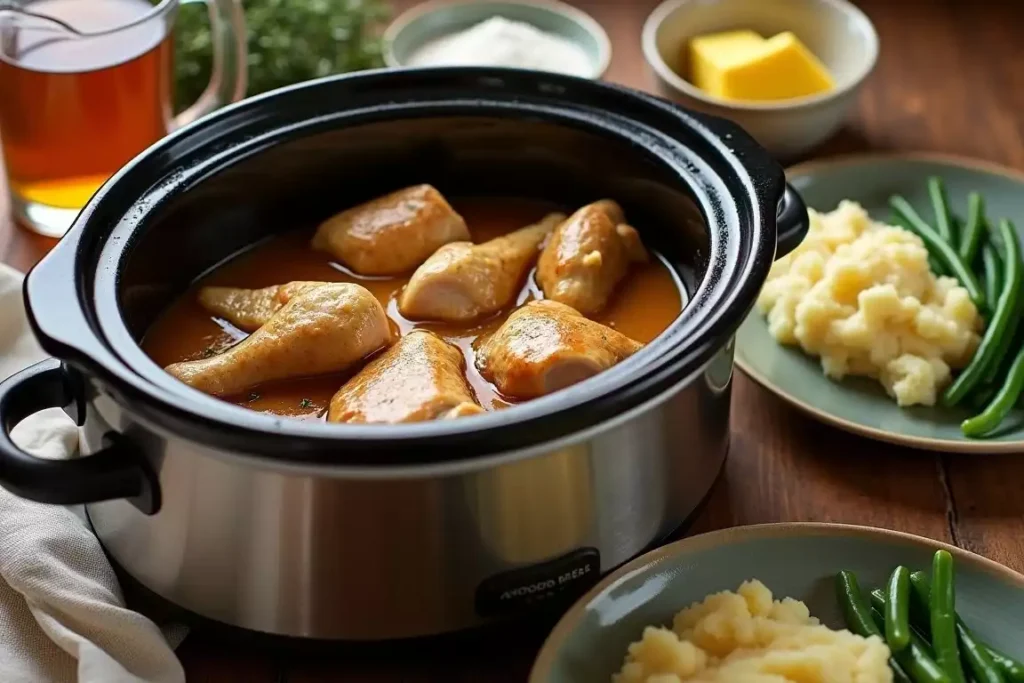 Slow-cooked chicken in rich gravy served with mashed potatoes and garnished with fresh parsley