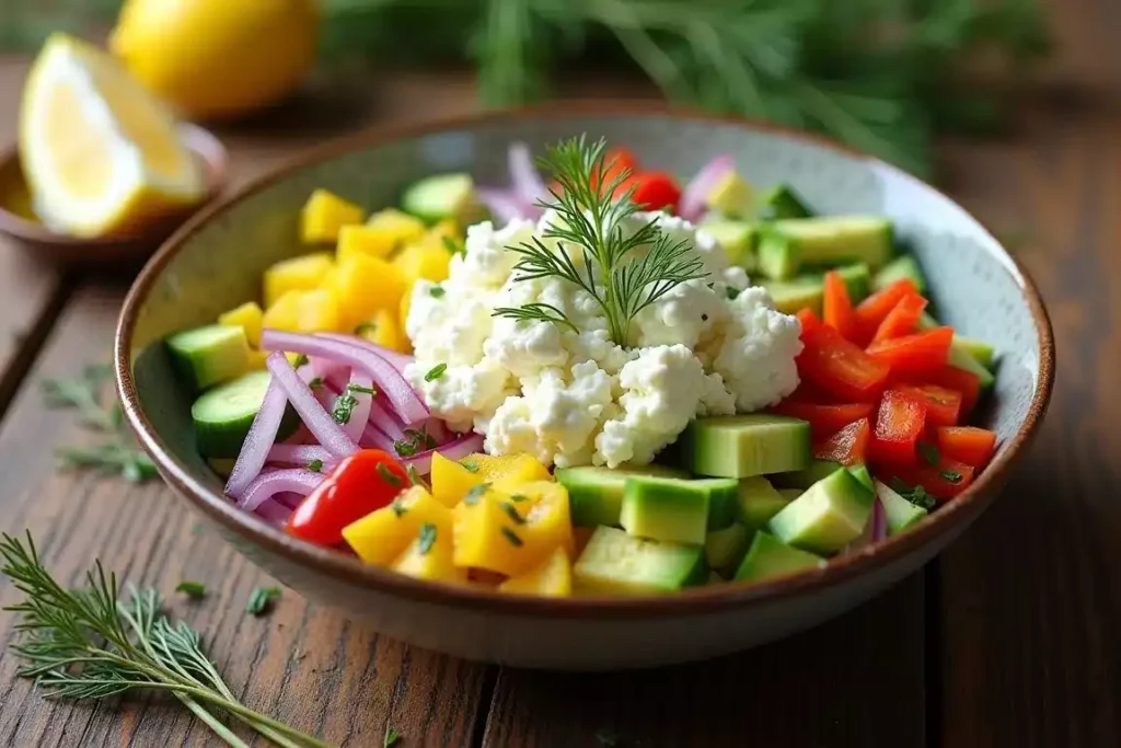 Creamy keto cottage cheese salad with cucumbers, tomatoes, and fresh herbs in a bowl