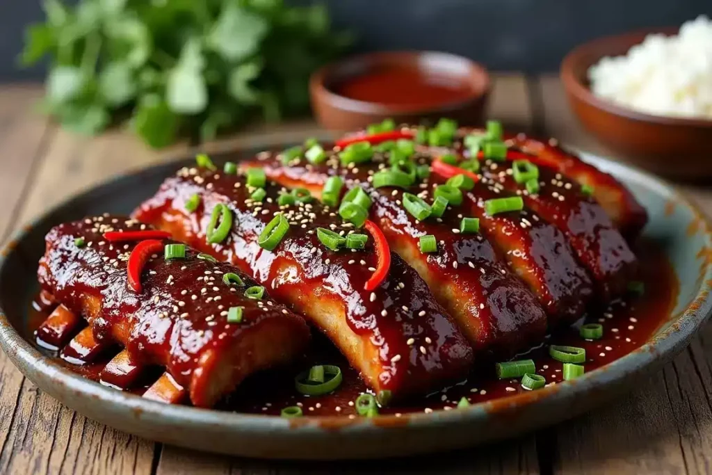 Sticky Asian glazed beef back ribs garnished with sesame seeds and green onions