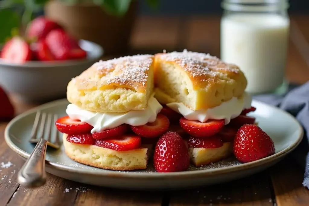 Bisquick shortcake topped with fresh strawberries and whipped cream on a plate