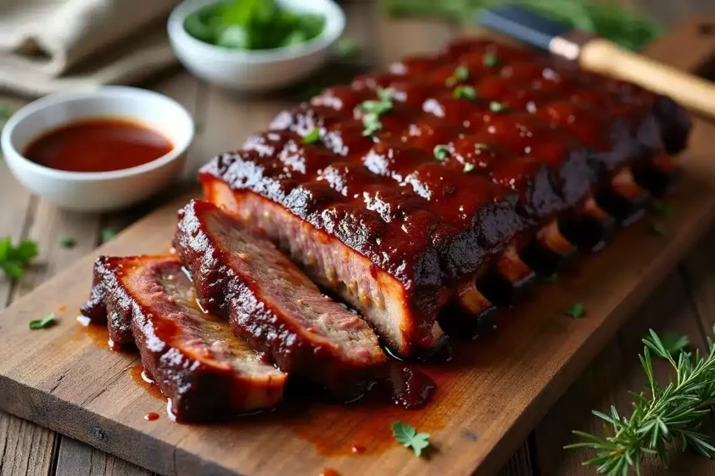 Classic BBQ beef back ribs glazed with smoky barbecue sauce