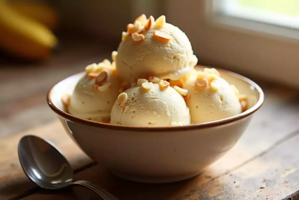 Creamy Banana Almond Delight made with the Ninja Creami, served in a bowl and topped with almond slices and banana slices