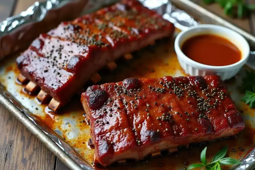 Oven-baked beef back ribs glazed with honey mustard