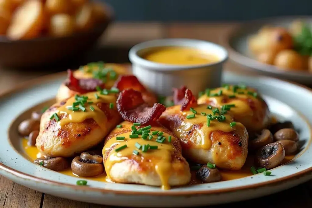 Alice Springs Chicken Recipe topped with cheese and bacon