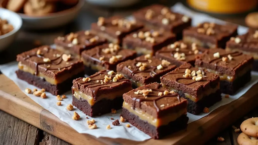 Slutty brownies being prepared with layers of brownie mix and cookie dough