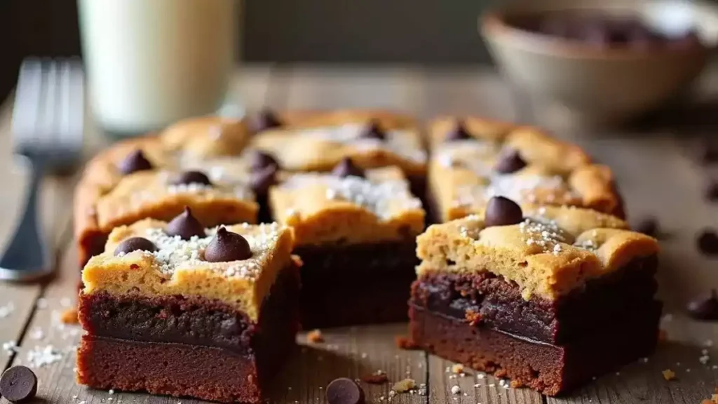 Assorted brookies showcasing layers of brownies and cookies, freshly baked and arranged on a platter.