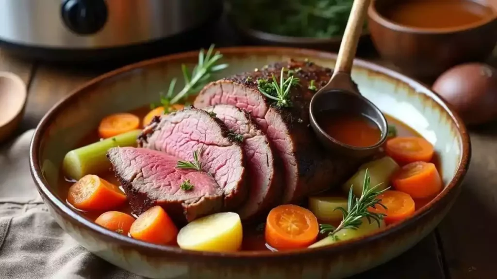 Perfectly cooked venison roast with roasted vegetables, fresh herbs, and rich gravy arranged on a rustic platter