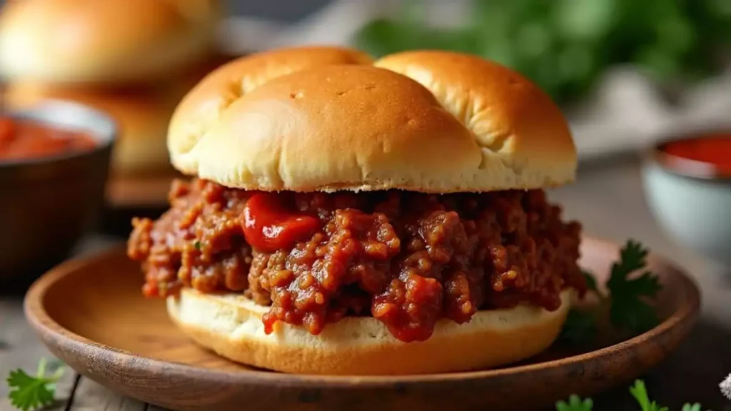 Assorted sloppy joe variations, including classic, healthy, and tangy versions, served on buns with side dishes like fries and salad