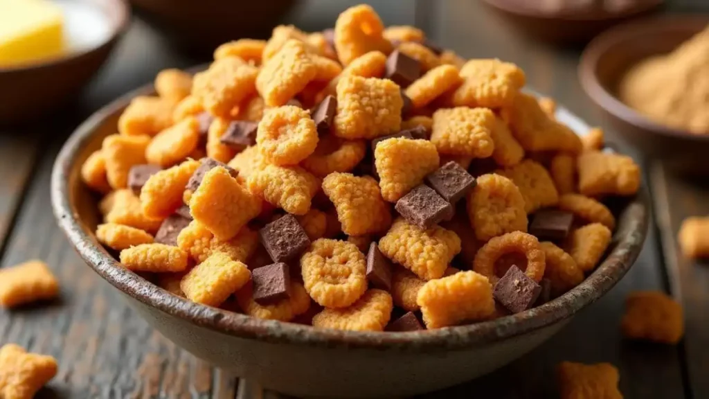 Assorted Chex mix variations, including caramel, white chocolate, and sweet and salty blends, displayed in festive bowls