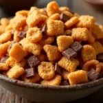 Assorted Chex mix variations, including caramel, white chocolate, and sweet and salty blends, displayed in festive bowls