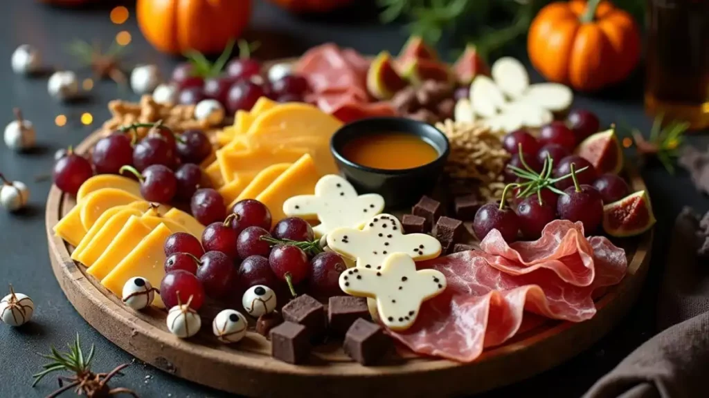 Elegant Halloween cheese board with a variety of cheeses, dried cranberries, spiced nuts, and festive garnishes, arranged with a spooky theme