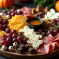 Elegant Halloween cheese board with a variety of cheeses, dried cranberries, spiced nuts, and festive garnishes, arranged with a spooky theme