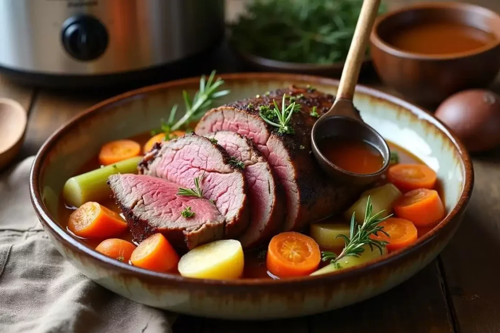 Perfectly cooked venison roast recipe served with roasted vegetables and fresh herbs