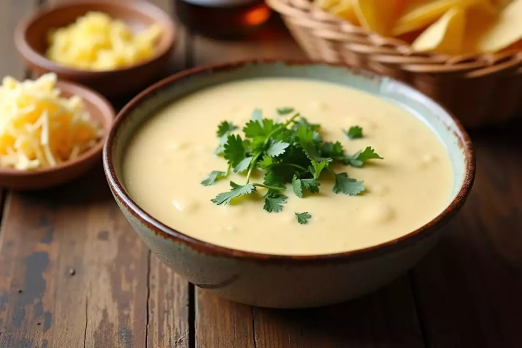 White queso recipe served in a bowl, garnished with diced tomatoes and cilantro, with tortilla chips on the side