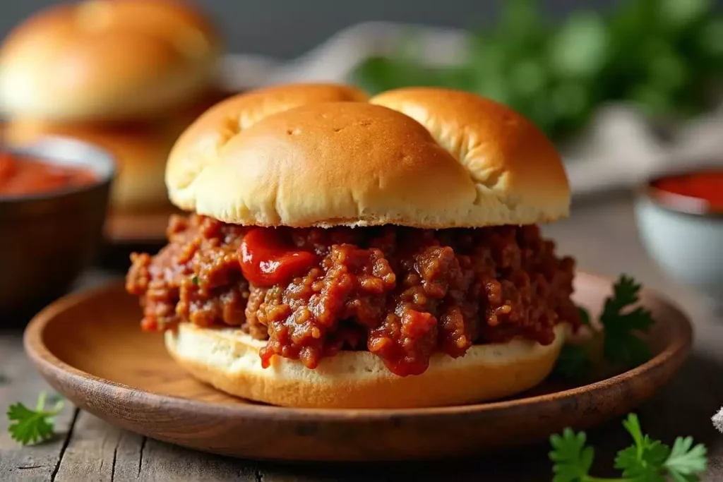 Sloppy Joe sandwich made with a 3-ingredient recipe, served on a toasted bun with a side of chips