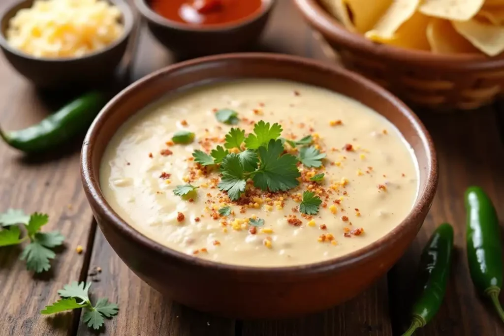 Chipotle queso blanco in a bowl, garnished with diced chipotle peppers and cilantro, served with tortilla chips