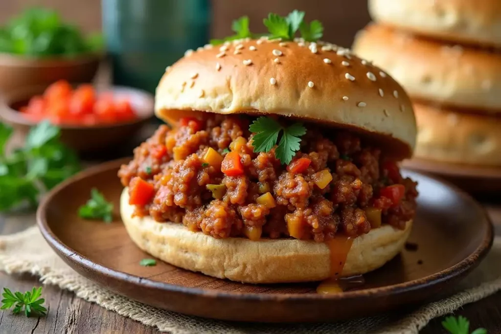 Healthy sloppy joe made with lean turkey and vegetables, served on a whole-grain bun with a side salad