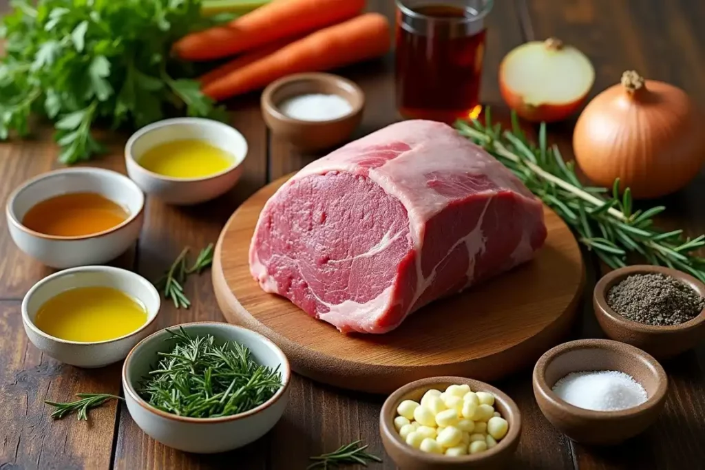 Ingredients for venison roast, including venison, garlic, rosemary, olive oil, and vegetables