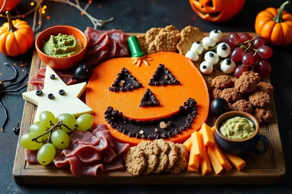 Halloween charcuterie board featuring cheese shaped like pumpkins, ghost-shaped marshmallows, and an assortment of meats and sweets