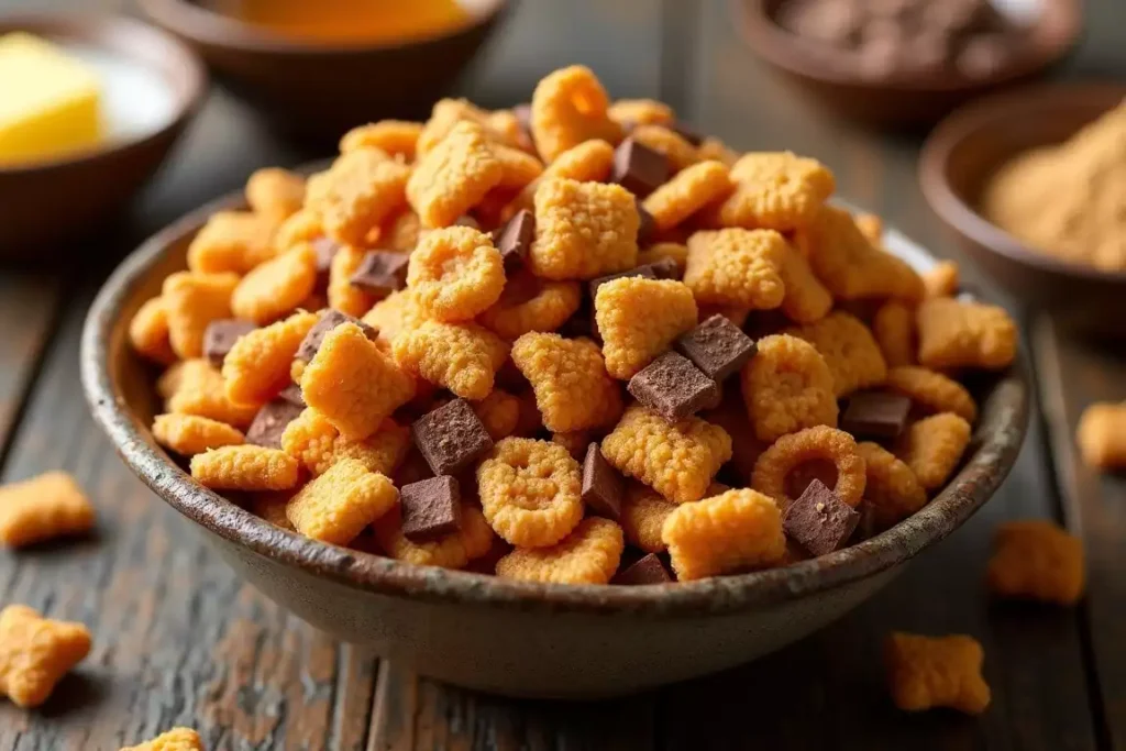 Sweet Chex mix recipe in a bowl, featuring caramel-coated cereal and pretzels, garnished with a sprinkle of powdered sugar