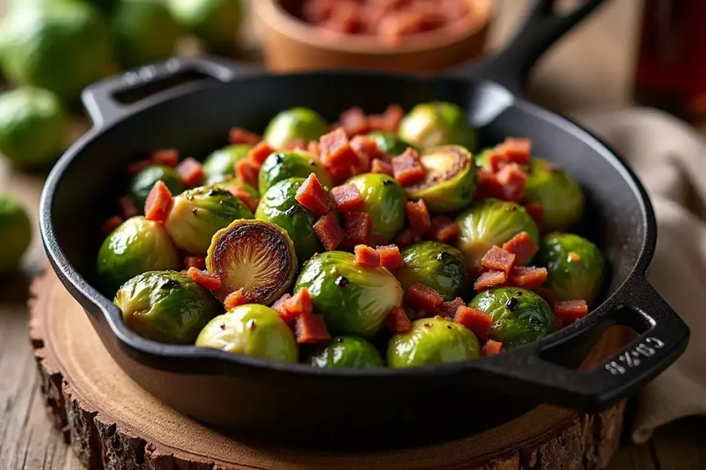 Traeger Brussels sprouts with crispy bacon and balsamic glaze, served on a rustic plate