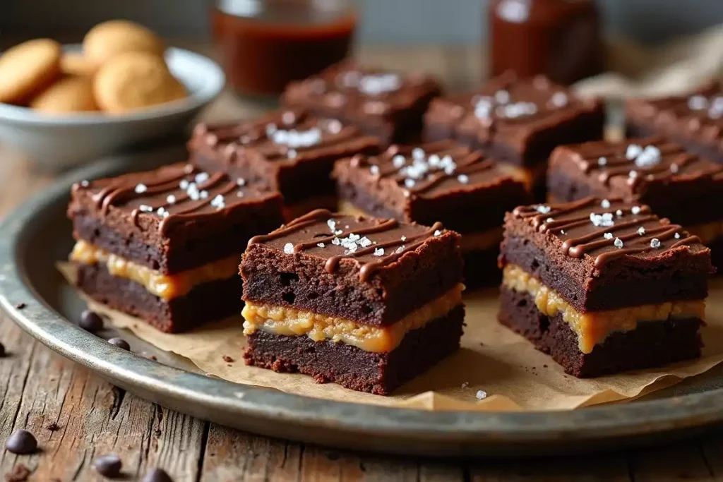 Decadent slutty brownies with layers of brownie, cookie, and caramel