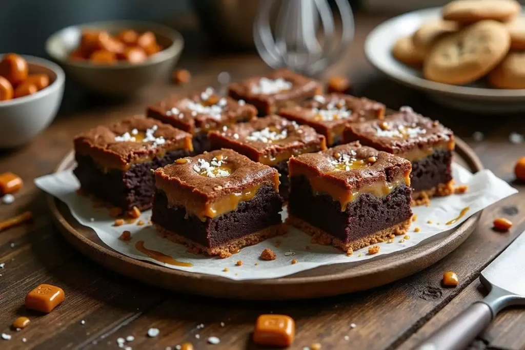 Slutty brownies being prepared with layers of brownie mix and cookie dough