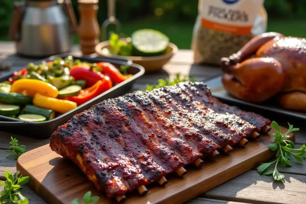 Assorted dishes, including ribs and grilled vegetables, cooked on a wood pellet grill