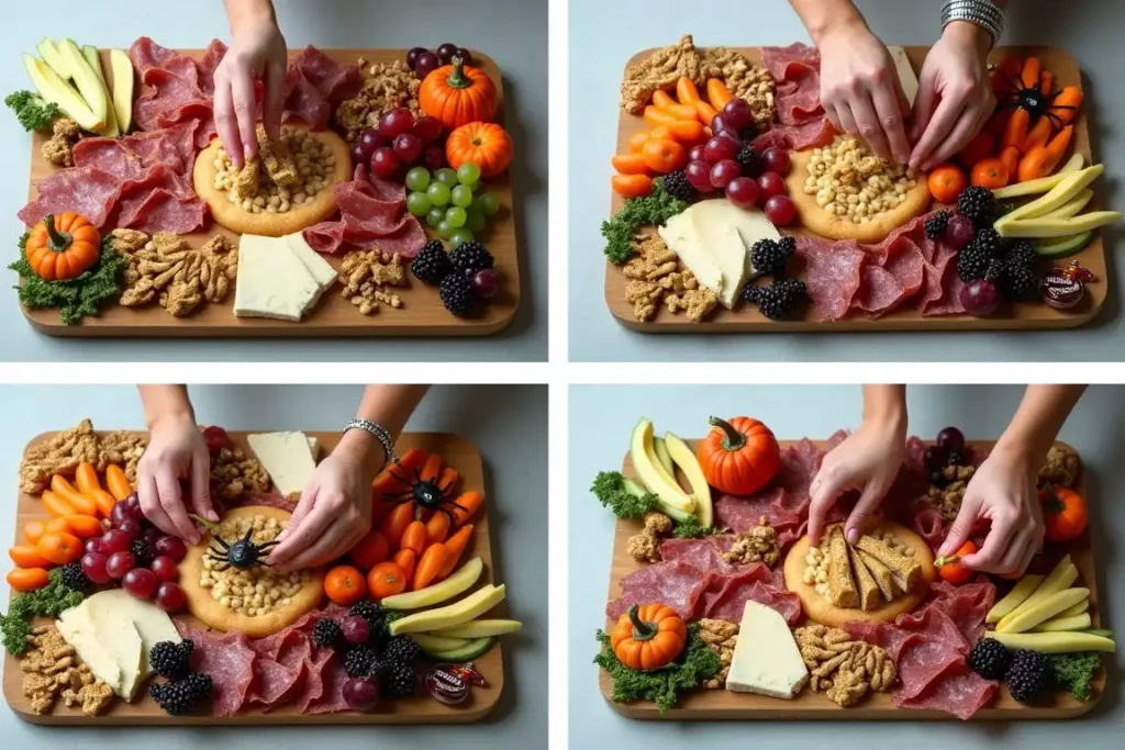 Quick and simple Halloween charcuterie board with cheese, crackers, and spooky-themed candies