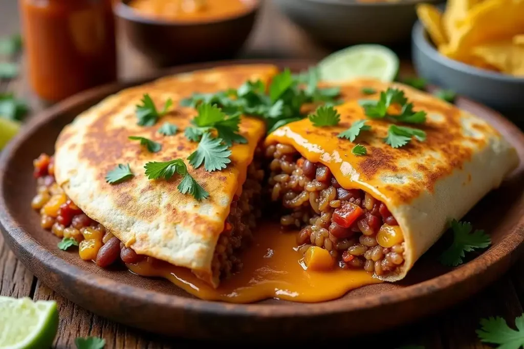 Quesarito filled with rice, beans, meat, and chipotle queso, served with a side of salsa