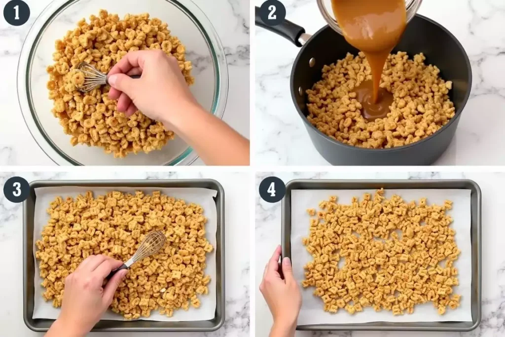 Quick and simple sweet Chex mix on a baking sheet, ready to serve