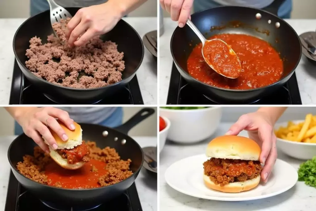 Quick and simple 3-ingredient sloppy joe mixture simmering in a skillet