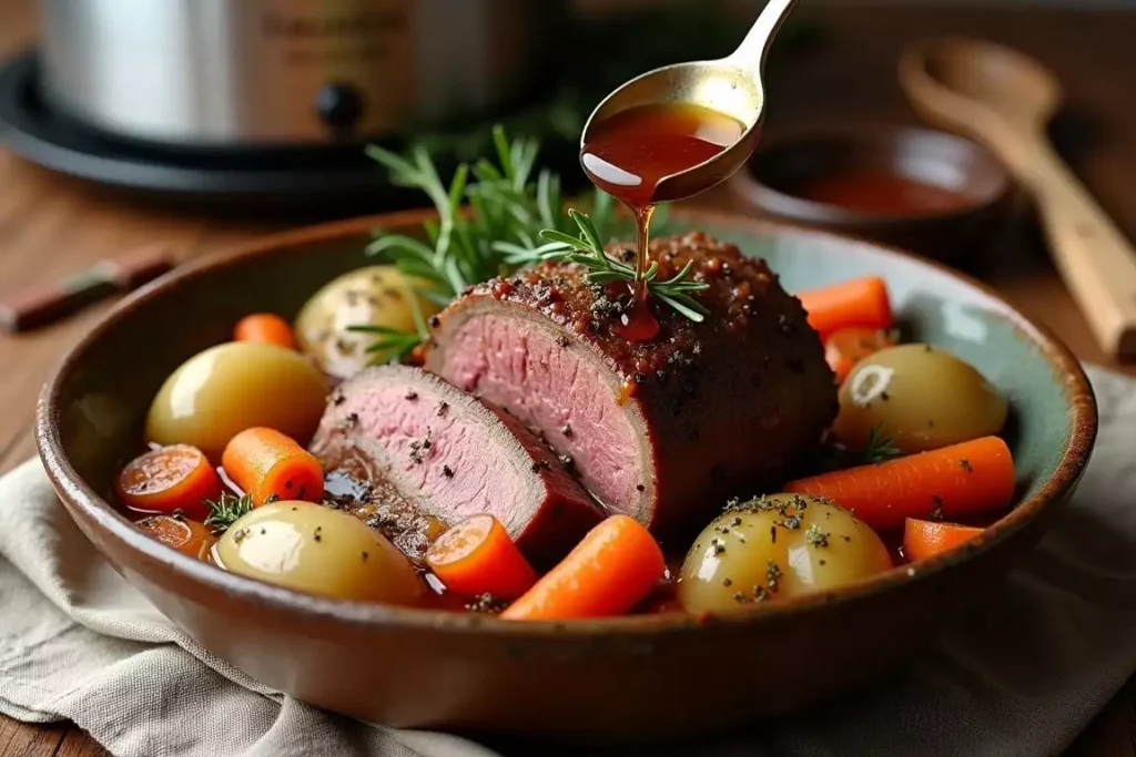 Slow-cooked venison roast with tender vegetables, served with a rich gravy