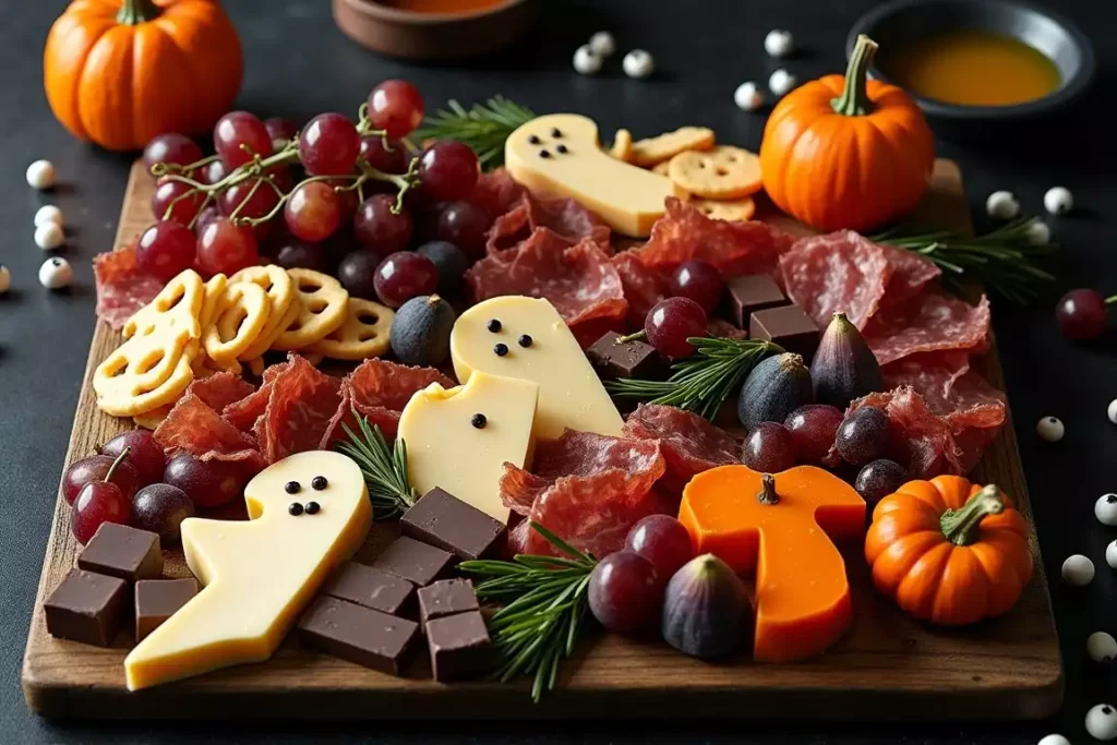 Haunted Halloween charcuterie board featuring black grapes, orange cheddar, spiderweb dips, and festive decorations