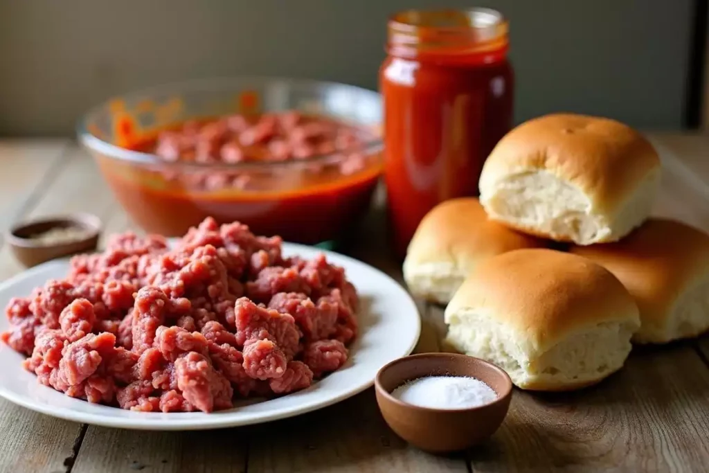 Three ingredients for sloppy joes: ground beef, ketchup, and mustard, arranged on a countertop