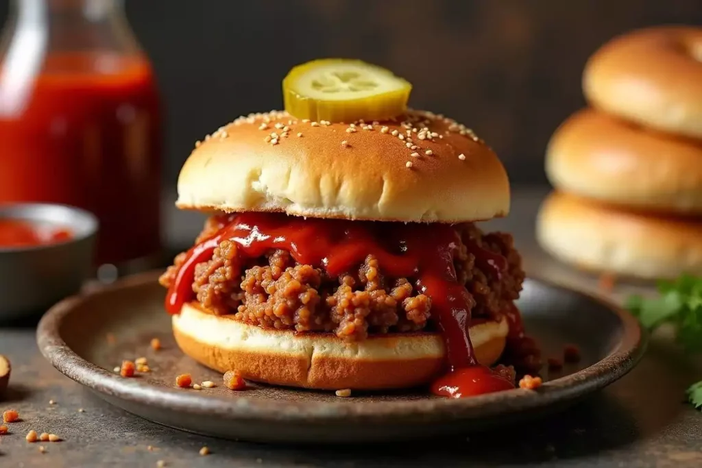 Sloppy Joe made with ketchup, served on a bun with a side of coleslaw and fries