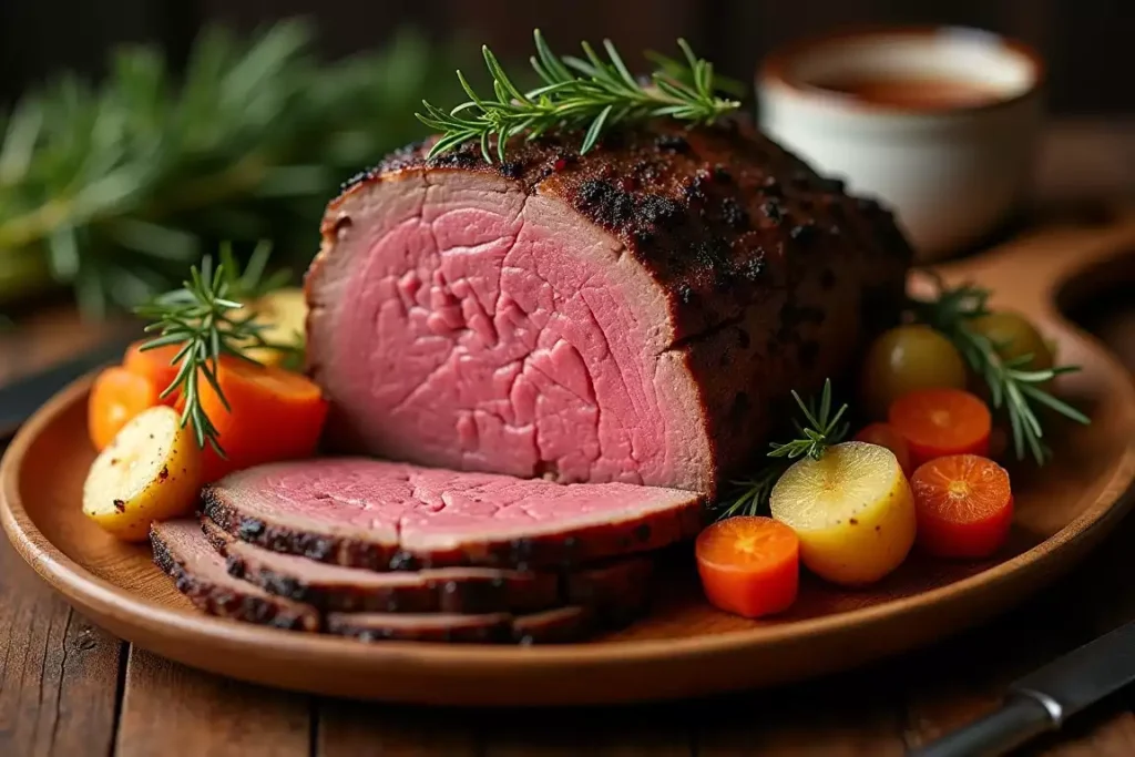 Classic venison roast served with roasted vegetables and fresh herbs on a rustic platter