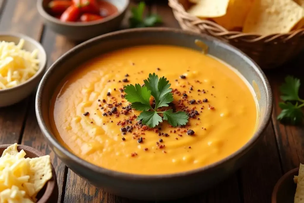 Ultimate Chipotle queso in a bowl, topped with chopped cilantro and served with tortilla chips