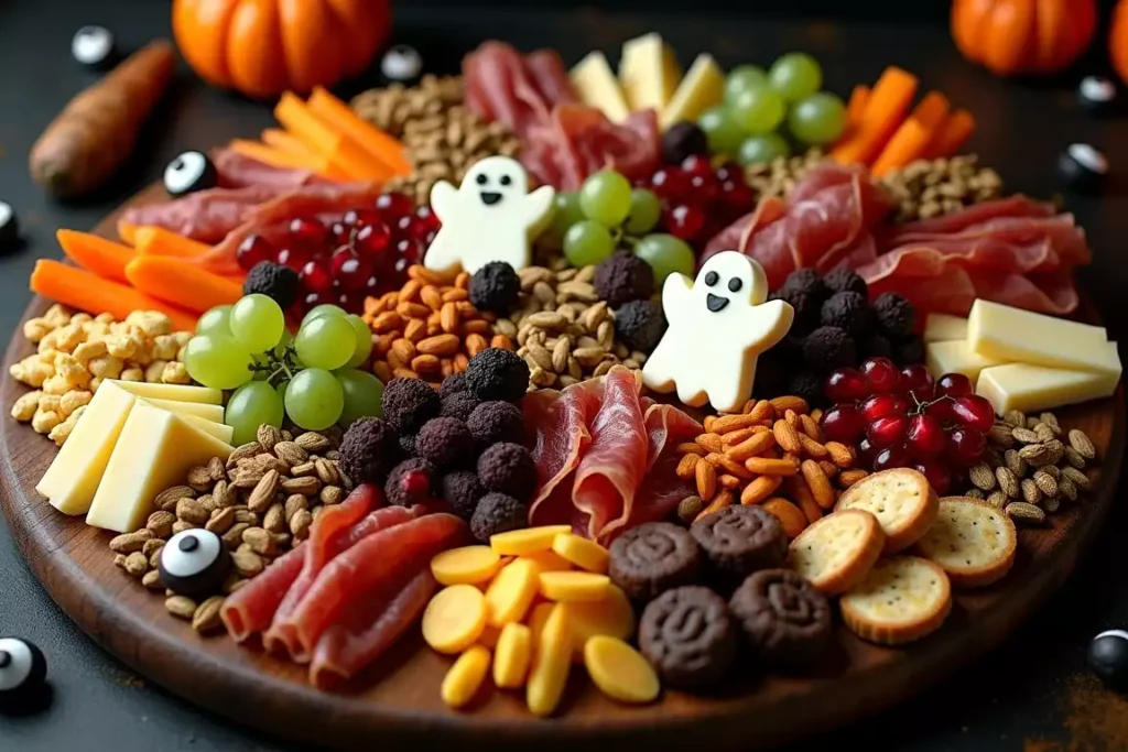 Ingredients for a Halloween charcuterie board, including cheese, crackers, candy, fruits, and spooky decorations