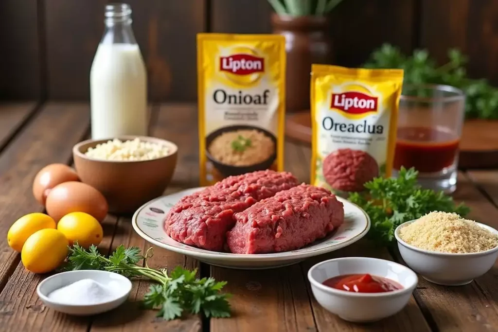 Ingredients for meatloaf with onion soup mix, including ground beef, onion soup mix, breadcrumbs, eggs, and ketchup