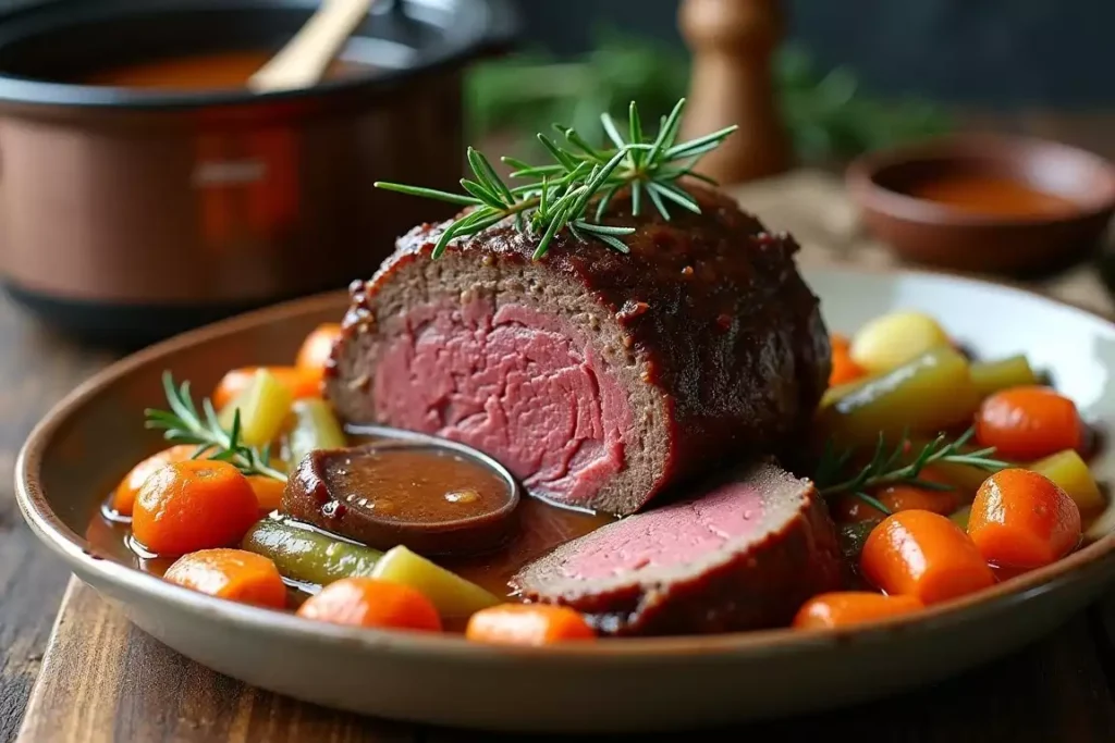 Venison roast cooked in a crock pot, served with tender vegetables and fresh herbs