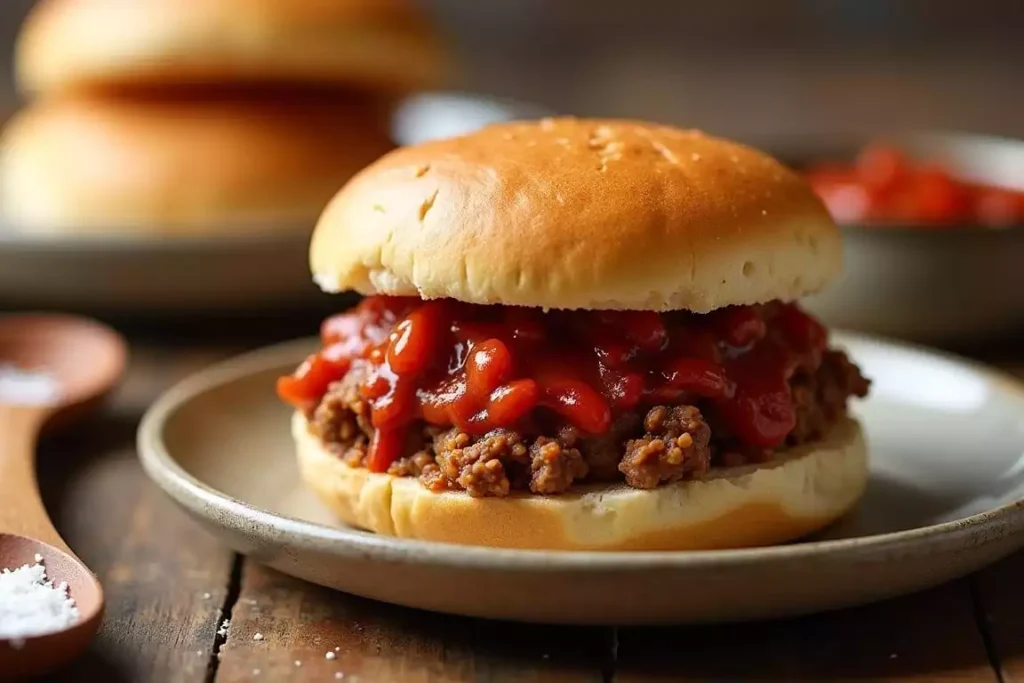 3 ingredient sloppy joes served on a toasted bun, with a side of chips and pickles