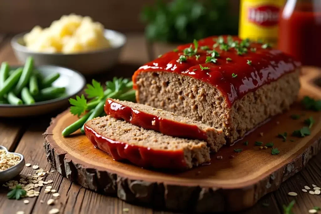 Meatloaf with oats and onion soup mix, sliced and served with a side of vegetables