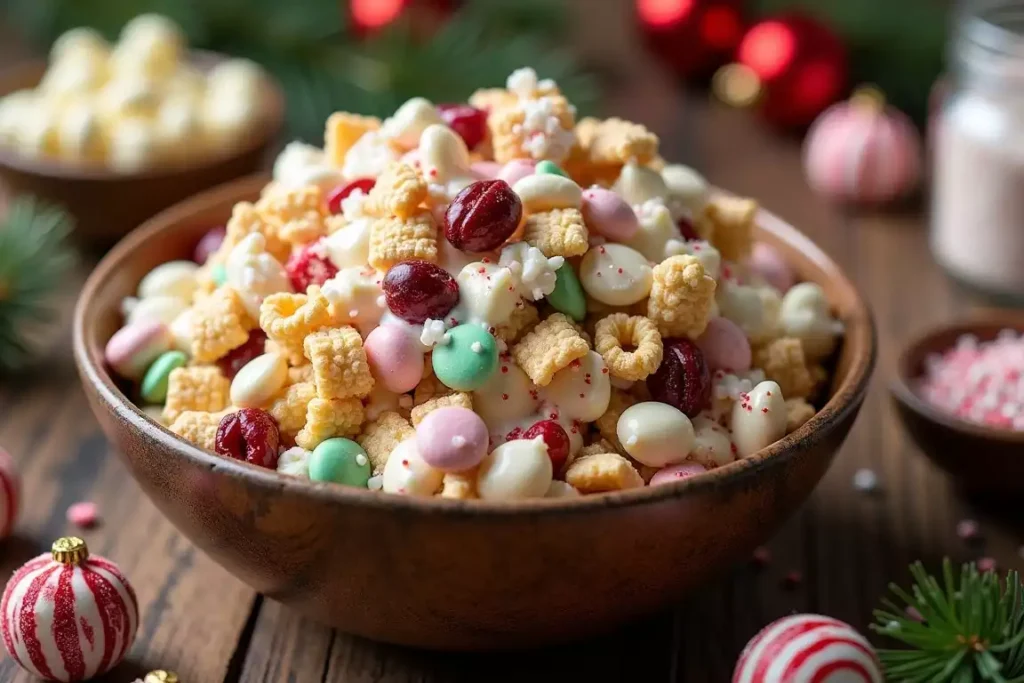 Christmas Chex mix coated in white chocolate, with festive sprinkles and pretzels, served in a holiday-themed bowl