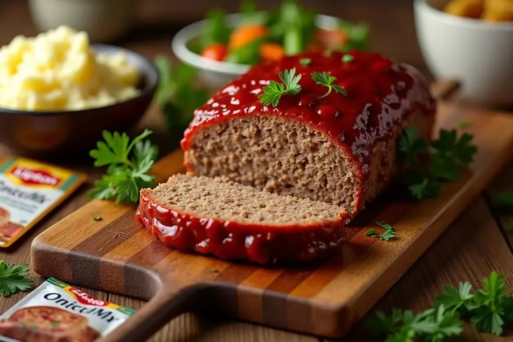 French Onion Meatloaf topped with caramelized onions and melted cheese, served on a platter