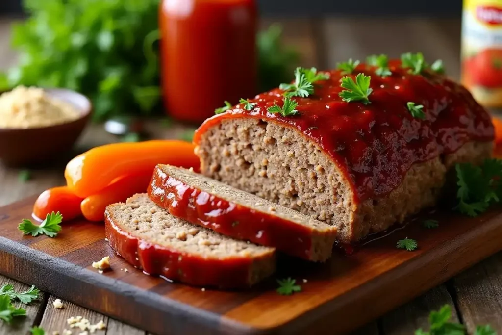 Homemade meatloaf recipe with onion soup mix, sliced and served on a platter