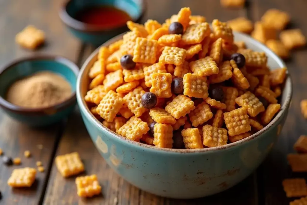 Sweet Chex mix with caramel-coated cereal, pretzels, and powdered sugar, served in a decorative bowl