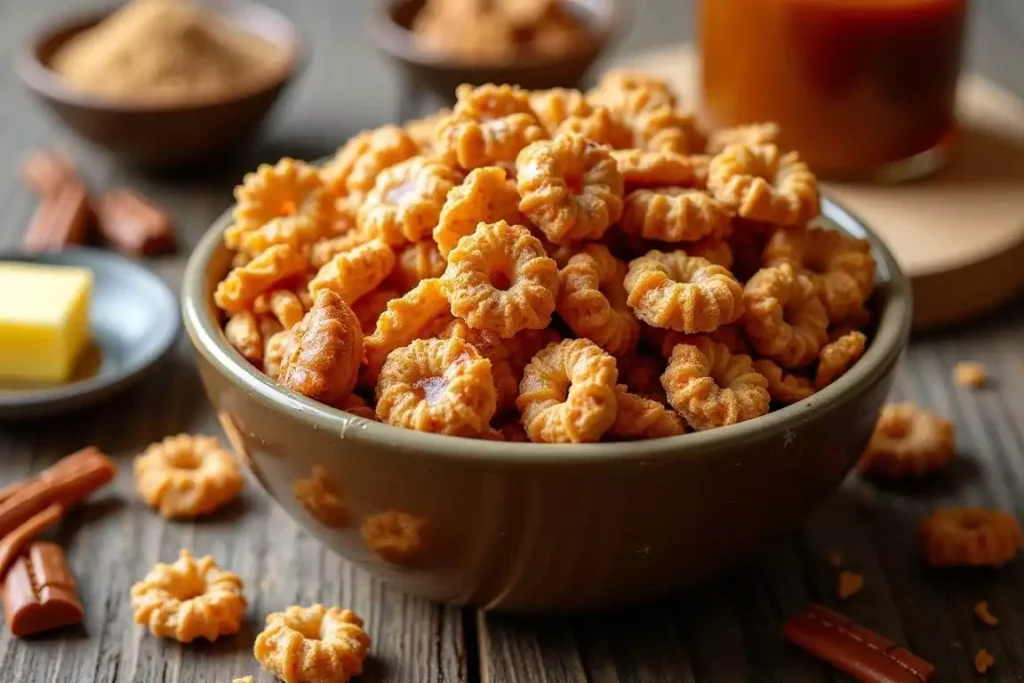 Caramel Chex mix with a glossy caramel coating, served in a bowl