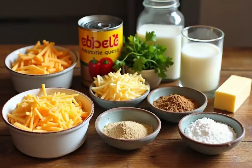 Ingredients for Chipotle queso: shredded cheese, milk, chipotle peppers, garlic, and spices on a countertop