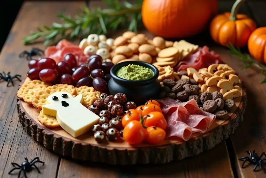 Halloween charcuterie board with a mix of savory meats, cheeses, fruits, and festive sweets, artfully arranged